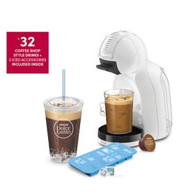 Delonghi Mini Me 2 Iced Creations Bundle in white with iced drinks, reusable cup, ice tray and coffee capsule accessories