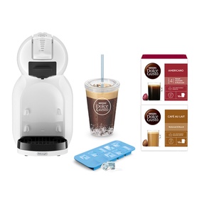 Delonghi Mini Me 2 Iced Creations Bundle in white, shown with iced coffee drink, ice cube tray, and Dolce Gusto capsule boxes