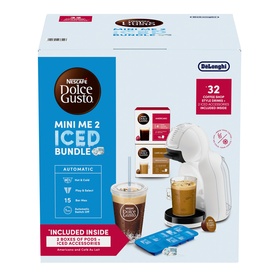 Delonghi Mini Me 2 Iced Creations Bundle in white, boxed set with coffee machine, pods, and ice accessories visible on packaging.