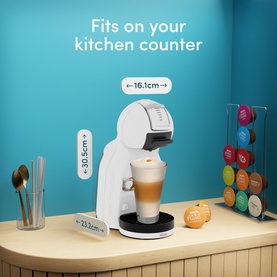 Delonghi Mini Me 2 Iced Creations Bundle in white with dimensions shown: 16.1cm wide, 30.5cm tall, 23.2cm deep, styled on kitchen counter with