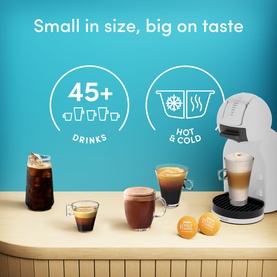 Delonghi Mini Me 2 Iced Creations Bundle in white, shown with hot and cold drinks, text reads Small in size, big on taste, 45+ drinks