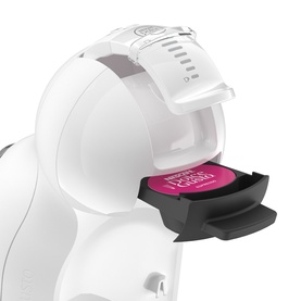 Delonghi Mini Me 2 Iced Creations Bundle in white, close-up of pod compartment open with pink Nescaf&eacute; Dolce Gusto capsule inserted