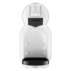 Delonghi Mini Me 2 Iced Creations Bundle in white, compact capsule coffee machine with black drip tray and top water reservoir.