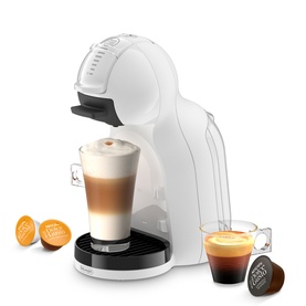 Delonghi Mini Me 2 Iced Creations Bundle in white, shown with coffee capsules and a layered latte in a tall glass