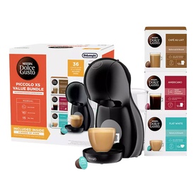 Delonghi Dolce Gusto Piccolo XS Pod Coffee Machine Bundle in black, shown with box and assorted Nescaf&eacute; Dolce Gusto coffee pods