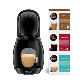 Delonghi Dolce Gusto Piccolo XS Pod Coffee Machine Bundle in black, shown with three Dolce Gusto coffee pod variety boxes