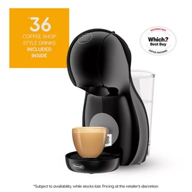 DeLonghi Dolce Gusto Piccolo XS Pod Coffee Machine Bundle in black, shown with a filled coffee cup and 36 drinks bundle offer