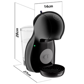 Delonghi Dolce Gusto Piccolo XS Pod Coffee Machine in black with dimension annotations: 14cm wide, 28cm tall, 27cm deep.