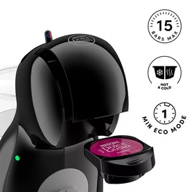Delonghi Dolce Gusto Piccolo XS Pod Coffee Machine in black, shown with a coffee pod and feature icons: 15 bar, hot & cold, 1 min eco mode