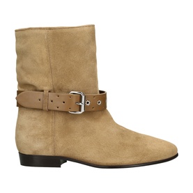 Isabel Marant brown suede ankle boot with tan leather buckle strap detail and flat black sole