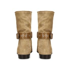 Isabel Marant brown suede mid-calf boots, back view, with studded buckle strap detail and block heel