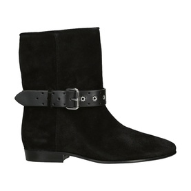 Isabel Marant black suede ankle boot with leather buckle strap detail, eyelet trim, and flat sole