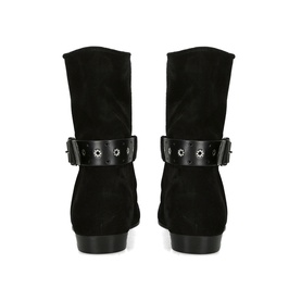 Isabel Marant black suede mid-calf boots, rear view, with black leather buckle strap detail and silver eyelet trim, block heel.