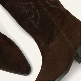 Bash brown suede knee-high boots with Western-style embroidered stitching detail and block heel, close-up view.
