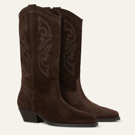 Bash brown suede cowboy boots with tonal embroidered western stitching, pointed toe, and stacked block heel