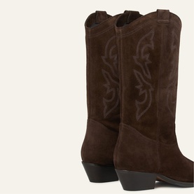 Bash brown suede cowboy boots with tonal embroidered stitching detail on shaft and stacked block heel