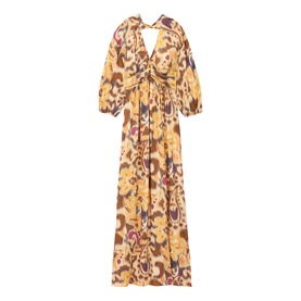 Bash yellow abstract print maxi dress with plunge neckline, gathered waist tie detail, and billowing long sleeves