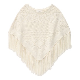 Bash cream chunky knit poncho with diamond crochet pattern and long fringe hem