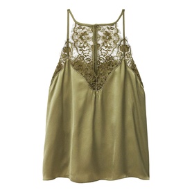 Bash green satin camisole top with floral lace V-neckline detail and thin adjustable straps