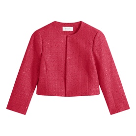 Hobbs mulberry pink textured tweed cropped jacket with collarless neckline and three-quarter length sleeves
