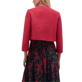 Model wearing Hobbs mulberry pink cropped jacket with sequin detail, three-quarter sleeves, styled over a floral midi skirt.