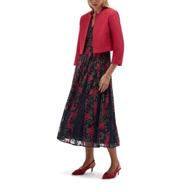 Model wearing Hobbs mulberry pink cropped jacket, styled with a navy floral midi dress and red kitten heels.