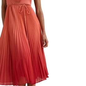 Model wearing Phase Eight red ombre pleated midi dress with tie-waist detail, shown from waist to hem