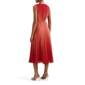 Model wearing Phase Eight red ombre pleated sleeveless midi dress, styled with white strappy heeled sandals, rear view