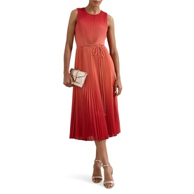 Model wearing Phase Eight red sleeveless midi dress with pleated skirt and tie waist, styled with white heeled sandals and clutch bag