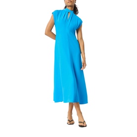 Model wearing Whistles blue midi dress with pleated mock neck, cap sleeves, and A-line skirt, styled with tan strappy sandals