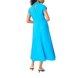 Model wearing Whistles blue midi dress with cap sleeves, keyhole back detail and flared skirt, styled with black heeled mules.