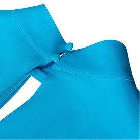 Whistles blue dress close-up detail showing ring hardware at neckline and cutout design on smooth fabric.