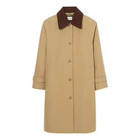 Claude Pierlot coat in camel with contrast dark brown corduroy collar, button front fastening and cuffed sleeves