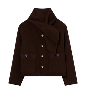Claude Pierlot brown wool-blend cropped jacket with draped scarf collar, gold buttons, and patch pockets