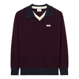 Claude Pierlot black knit jumper with contrast navy collar and cuffs, V-neckline, and branded patch detail