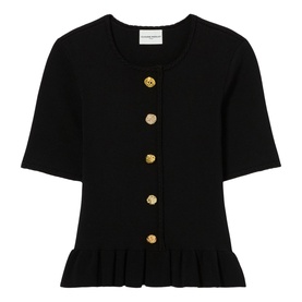 Claude Pierlot black short-sleeve knit cardigan with gold floral buttons and ruffle peplum hem