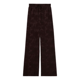 Claude Pierlot dark brown wide-leg trousers with tonal floral jacquard pattern, elasticated drawstring waist, flat lay view