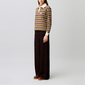 Model wearing Claude Pierlot dark brown striped long-sleeve polo top, styled with wide-leg corduroy trousers and tan loafers