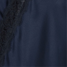 Claude Pierlot Womens French Dress in blue, close-up detail of navy satin fabric with black lace trim accent.