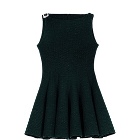 Maje Womens French Dress in bottle green, sleeveless knit mini with flared skirt and small embellishment at neckline