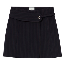 Claude Pierlot black pinstripe mini skirt with wrap-over belted waistband and silver-tone buckle detail