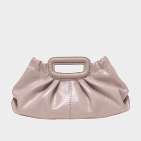 Maje bag in Mastic Beige with gathered ruched detailing, rectangular top handle, and gold-tone hardware clasp