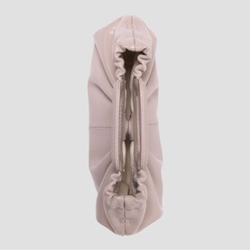 Maje mastic beige bag, top-down view showing ruched zip opening and silver-tone hardware detail