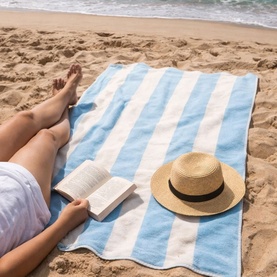 Allure Scallop Beach Towel in ice blue and white stripes laid on sand with a straw hat and open book nearby