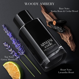 Armani Beauty Armani Code Eau de Toilette bottle with woody ambery fragrance notes: green mandarin, lavandin heart, tonka bean and cedar wood.