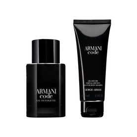 Armani Beauty Armani Code Fragrance Set containing Eau de Toilette bottle and body shampoo tube, both in black packaging