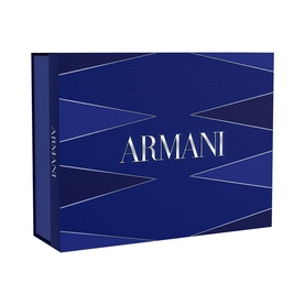 Armani Beauty fragrance gift set in navy blue embossed presentation box with geometric pattern and Armani branding