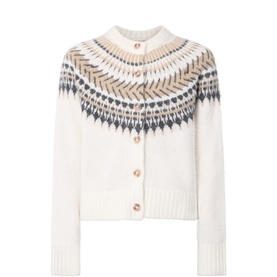 Barbour Cloud Multi cardigan with Fair Isle yoke pattern, button front, and ribbed cuffs and hem in cream, navy and tan tones