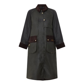 Barbour Kirklees Wax Long Jacket in Fern, longline cut with corduroy collar, flap pockets and gold button details