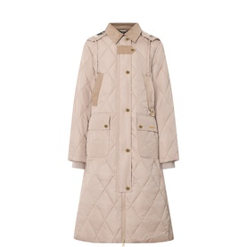 Barbour Rudson Quilted Coat in Trench, longline silhouette with diamond quilting, cord collar, front button fastening and brass-toned hardware
